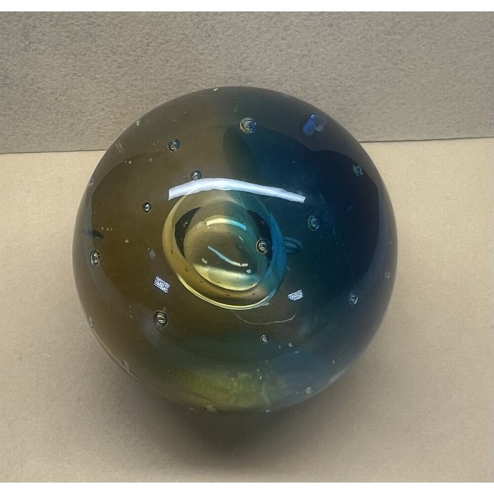 Paperweight Blue Gold Glass Round Controlled Bubbles Art Glass‎ Vintage